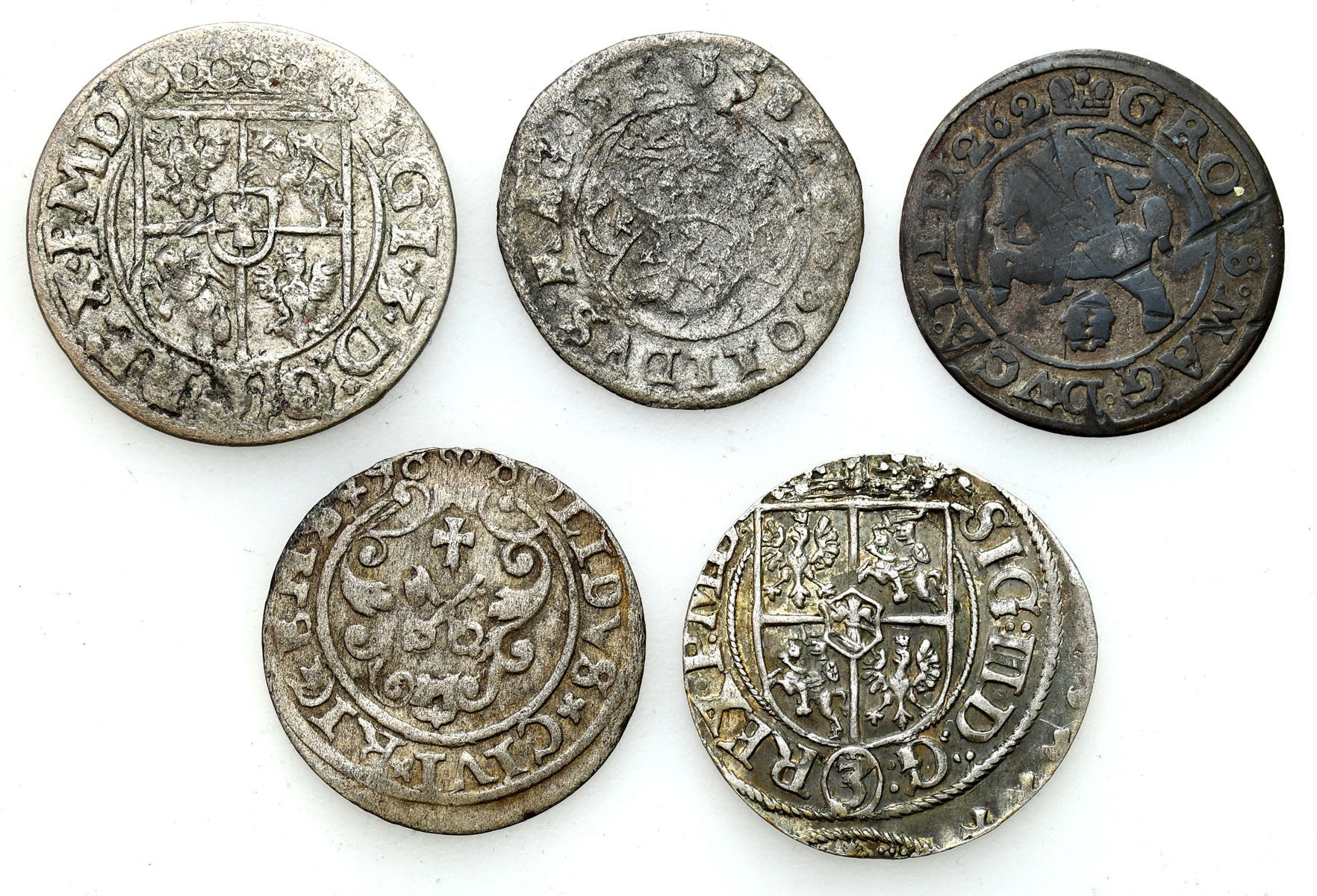 Stefan Batory, Zygmunt III Waza. Półtorak, grosz, szeląg, 1582-1626, zestaw 5 monet.